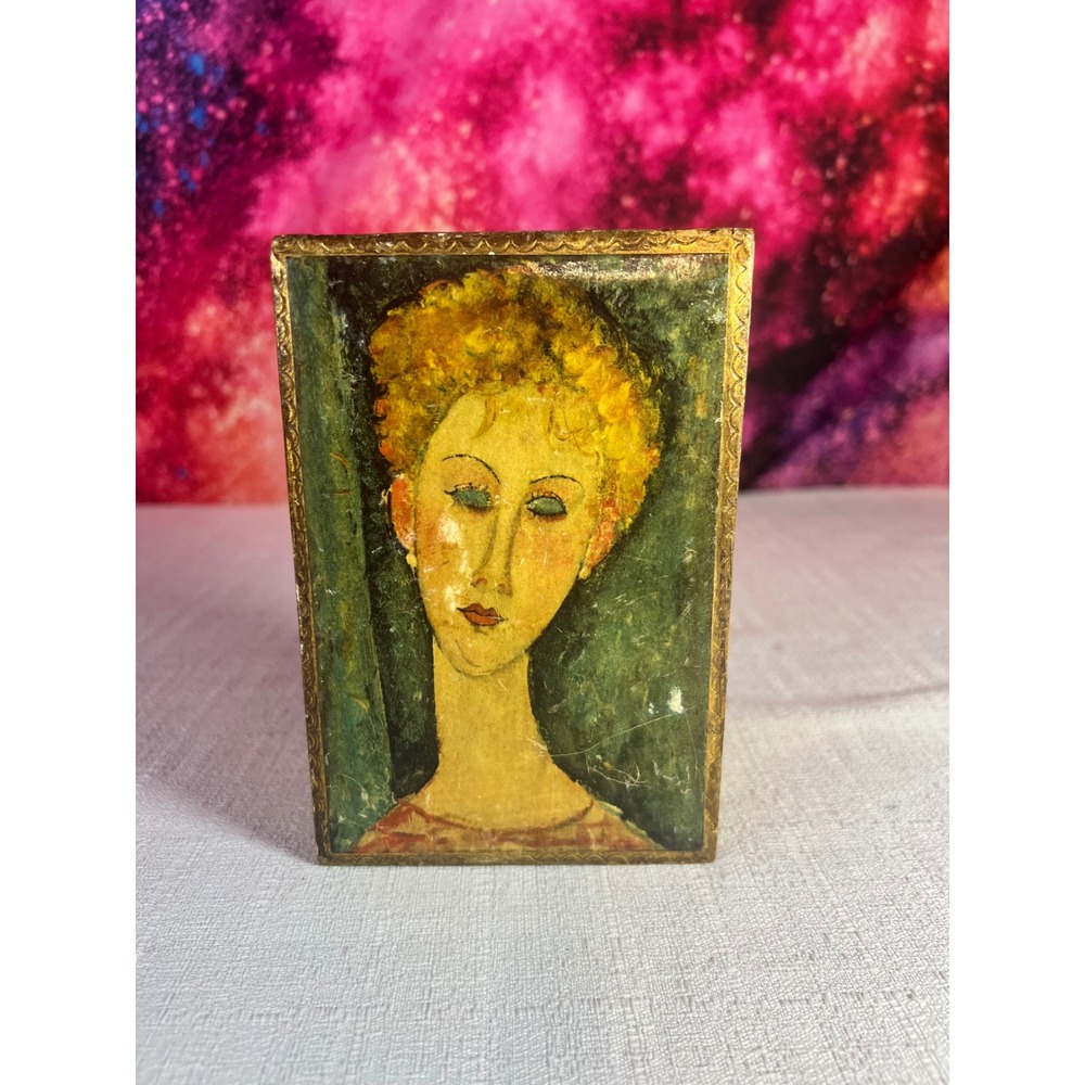 1960s Florentia Italy Modigliani Style Portrait Gilt Wood Jewelry Box Trinket